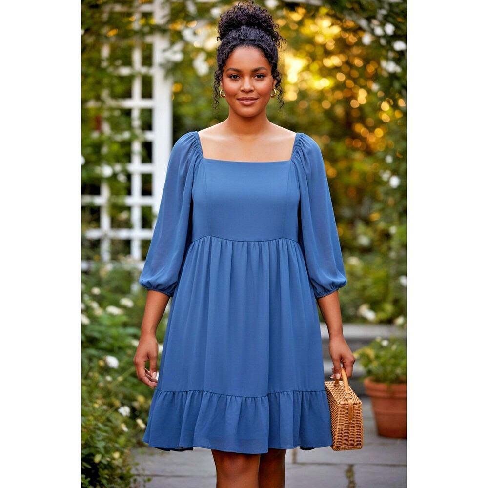 Torrid Tiered Square Neck Dress Womens Blue Mini Chiffon Smocked Pockets size 5X
